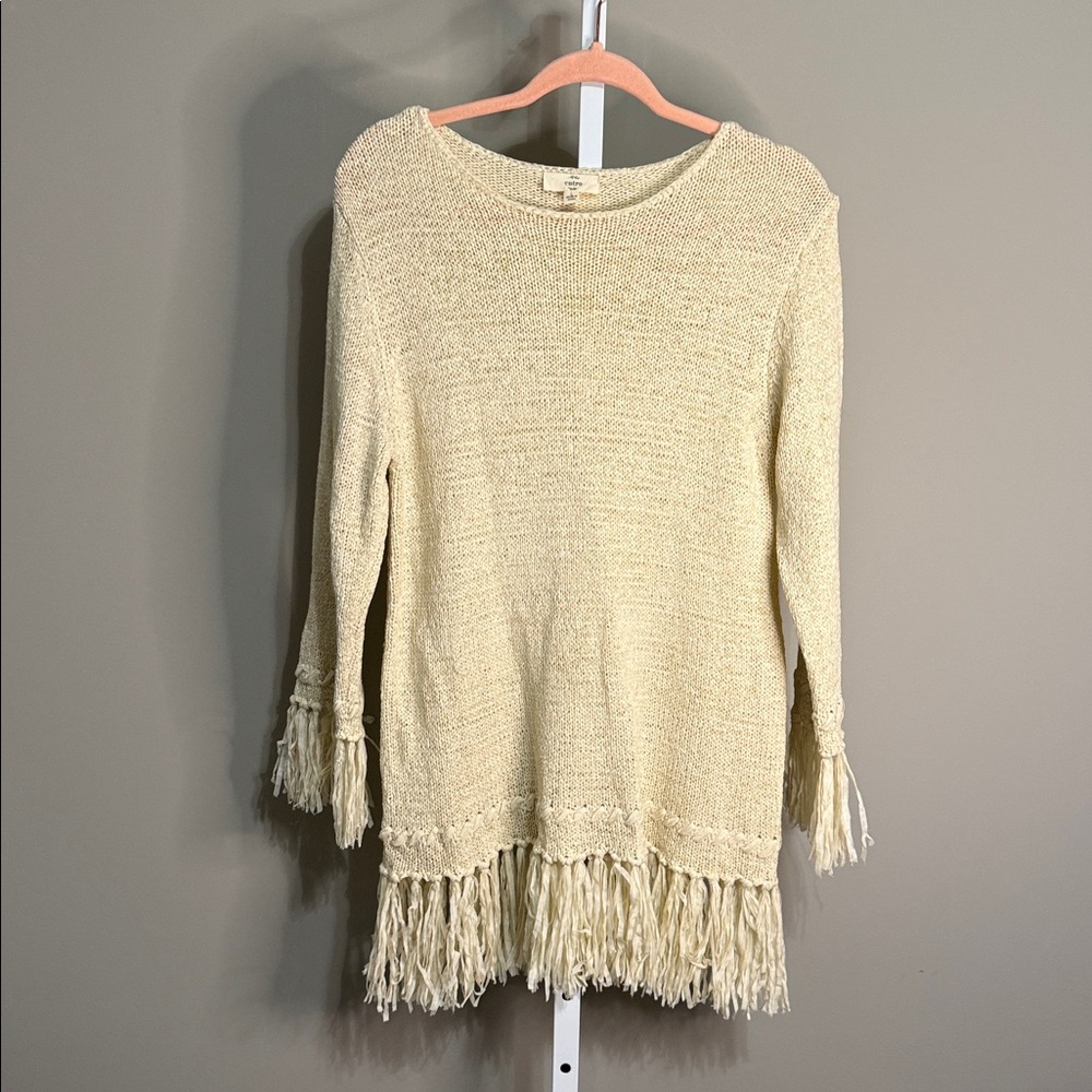 Entro Cream Fringe‎ Hem Sweater Tunic Size L Boho Chic Cozy Knit